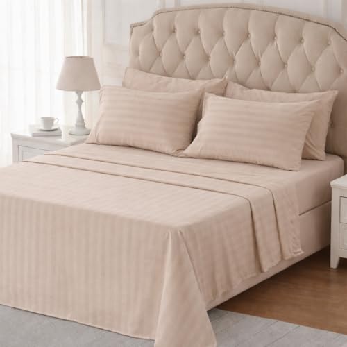 Image of Double Size Bedsheets for Single Bed 600 TC - Cotton Elastic Fitted Sheet (48 x 78 Inches) with 10 Inch Drop- Color Taupe Stripe [ Fitted Sheet with 2 Pillow Cover]