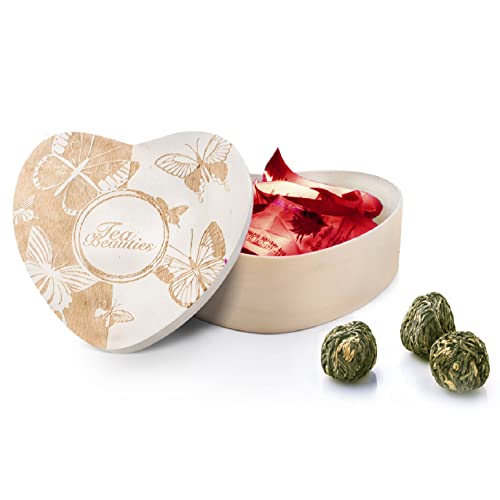 Creano Erblühtee 6 Teeblumen in Holzschachtel in Herzform - weißer Tee