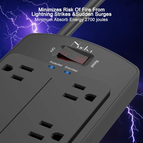 Image of Power Strip, Nuetsa Surge Protector with 12 Outlets and 4 USB Ports, 10 Feet Flat Plug Extension Cord for Home, Office, Dorm Essentials, 2700 Joules, ETL Listed, Black