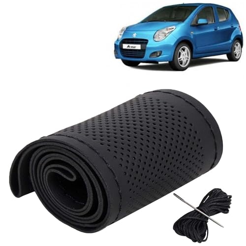 Image of KINGSWAY PU Leatherite Car Steering Cover Sewable Compatible with Maruti Suzuki A Star (Year 2008-2013), Black Color with Black Thread, Pack of 1 with Sewing Needle and Thread