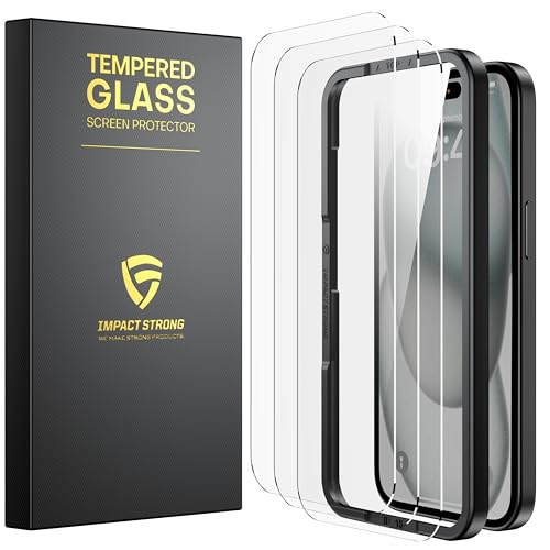 ImpactStrong 3-Pack Shatterproof Tempered Glass Screen Protector for iPhone 15 / iPhone 16 [Easy Installation Frame] [Bubble Free] [9H Hardness] [Full Coverage] Case Friendly, 6.1 Inch