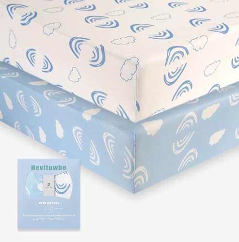 Image of Hevituwhe Baby Crib Sheets Neutral Fitted Bassinet Sheet Standard Size Crib and Toddler mattresses Soft and Breathable Sky Blue Rainbow with White Clouds 2Pack 28×52inches