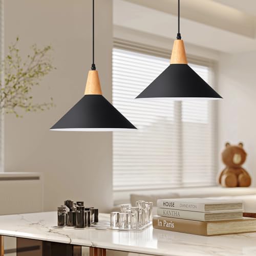 Eustace Modern Black Pendant Light Fixtures, 11.8 Inch Farmhouse Wood Pendant Lighting, Industrial Cone Hanging Lights For Kitchen Island,Dining Room,Hallway,Barn,Entryway,Restaurant thumb #4