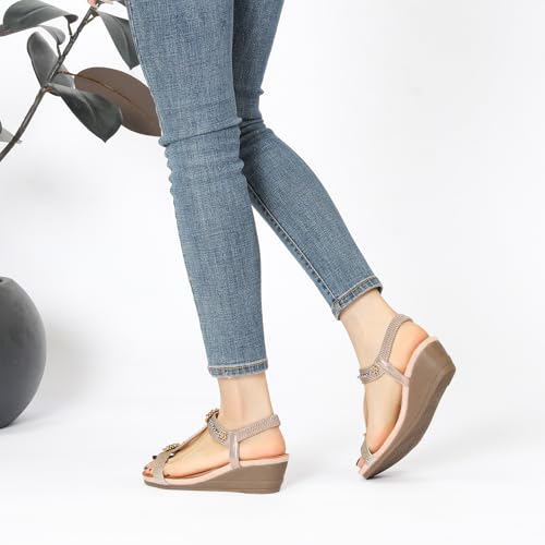 Image of Wedge Sandals for Women Dressy, Woman's Sandal Comfortable Low Wedges Heels Ankle Elastic Strap Sandles with Flower Rhinestones