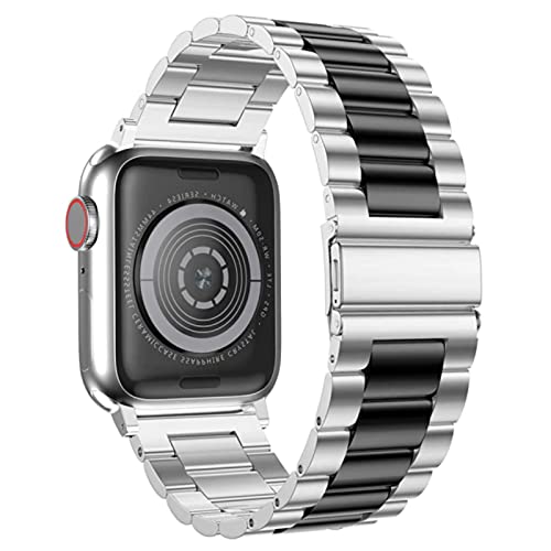 Handygear Stainless Sport Band Compatible with Apple Watch, Premium Steel Bracelet Strap Replacement Folding Clasp for Series 7 6 5 4 3 2 1 Se (Silver Black, 38/40/41MM)
