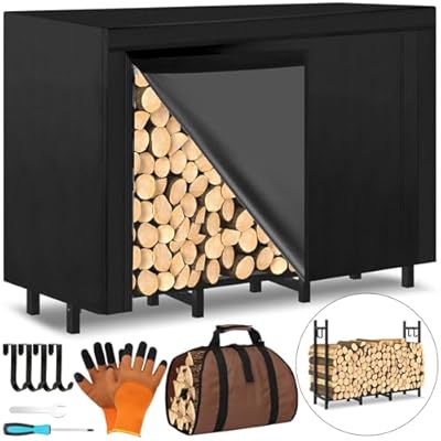 4FT Outdoor Firewood Rack, Wood Storage with 600D Waterproof Oxford Cover Heavy Duty 8 Legs Firewood Log Holder Indoor with Log Carrier, Gloves, and Kindling Hooks for Fireplace Patio Deck Wood Rack