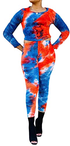 Womens Sexy 2 Pieces Tie Dye Printed Pullover Crop Tops Bodycon Pants Party Clubwear Tracksuit Outfits Sweatsuit Set Blue #TOP2