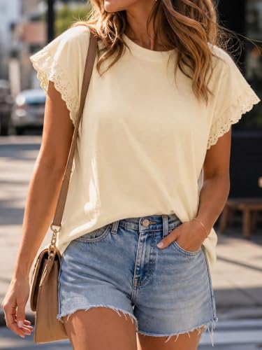 Image of Tankaneo Womens Summer Crewneck T-Shirts Lace Cap Sleeve Tops Dressy Casual Loose Fit Work Basic Tees Outfits 2026