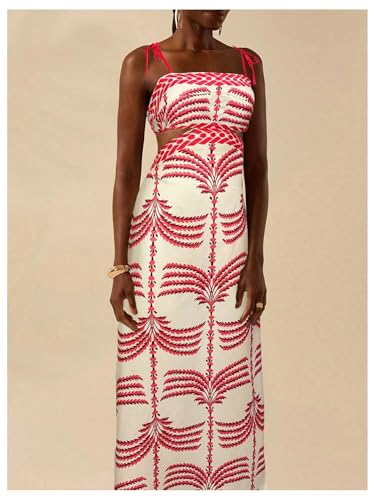 Image of SOLY HUX Women's Summer Maxi Dress Boho Print Tie Shoulder Spaghetti Strap Cut Out Tie Back Cami Dresses Sundress