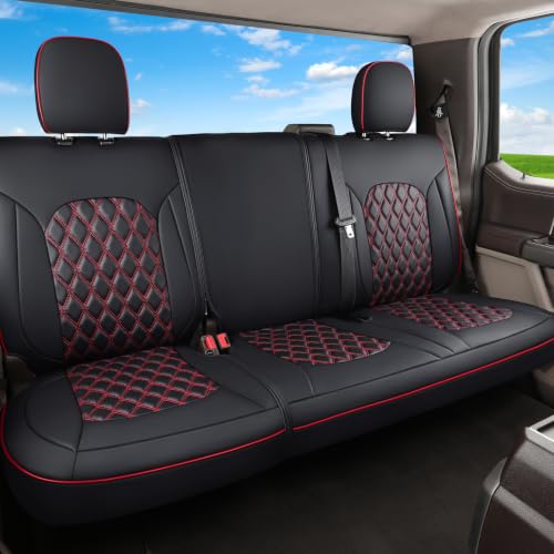 Image of Huidasource F150 Rear Seat Covers, Split Back Leather Seat Cushion Cover Fit for 2015-2026 Ford F150 SuperCrew & 2017-2026 F250 F350 F450 Super Duty Crew Cab Pickup Truck (Back Row /Black&Red)