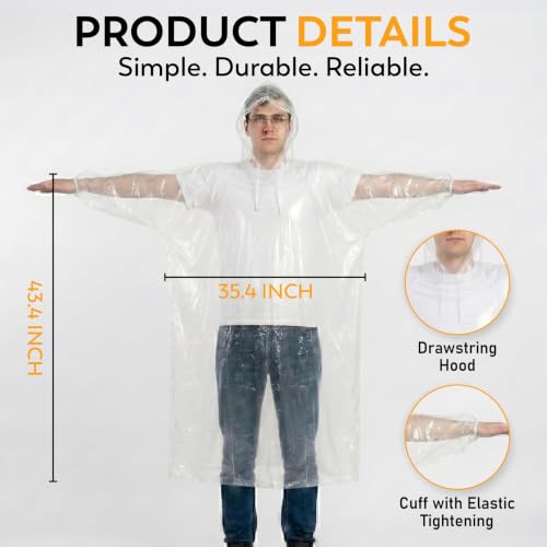 Image of Disposable Rain Ponchos for Adults, 5 Pack /10 Pack, Clear Waterproof Ponchos with Hood for Travel & Hiking