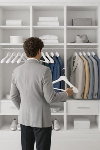 MELA’S Wooden Wide Clothes Hanger, Natural Wood, Pack of 12, Non-Slip, for Stable Jacket, Suit, Shirts, Extra Wide Shoulders, Trouser Bars, 45 x 23 x 5.5(White)