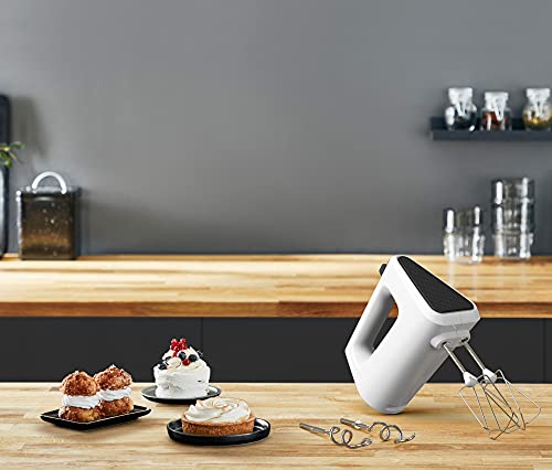 Foto von Krups 3 Mix 4000 Handmixer, 450 Watt, robustes Design, variabler Geschwindigkeitsregler, Turbo- und Auswurf-Funktion, inkl. 2 Rührbesen und 2 Knethaken, weiß/grau, GN4001