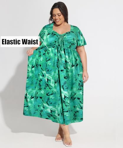 Image of CARCOS Plus Size Dresses for Curvy Women Tie Sweetheart Neck Summer Maxi Dress Short Sleeve Empire Waist Floral Boho Dress