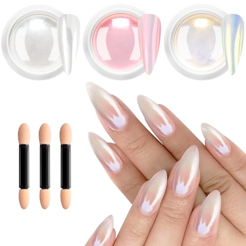 BISHENGYF Poudre Chrome Ongle Nacrée - Rose Effet FéErique Poudre Ongle, Aurora Blanche Perle Chrome Ongle Effet Glace Transparente, Paillettes Ongles Effet...