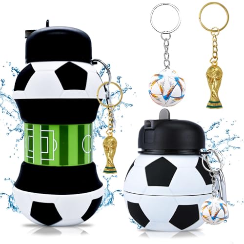 REYOK Botella Agua Silicona Diseño Deporte,Botella Agua Silicona Plegable Fútbol, A Prueba de Fugas Termo, Para Niños y Niñas con Llavero de Fútbol, 550 ml (Naranja)