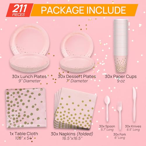 JUBI 211 PCS Pink and Gold Polkadot Party Decorations for 30 Guests - Disposable Pink Paper Dinner Plates, Dessert plates, Napkins, Cups, Cutlery, and Tablecloth for Birthday, Baby Shower, and Holiday