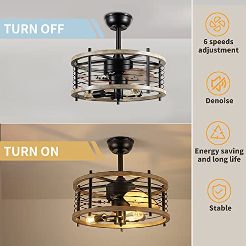Shihot Farmhouse Caged Ceiling Fans With Lights And Remote, 20'' Rustic Vintage Wood Ceiling Light Black Metal, Industrial Light Fixture For Hallway Entryway Bedroom Balcony Dining Room, Reversible #TOP3