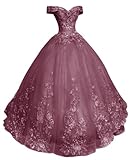 HUINI Ballkleider Lang Damen Schulterfrei Quinceanera Kleider Spitze Brautkleid Prinzessin A-Linie Abendkleid Wüstenrose 52