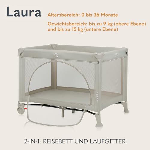Lionelo Laura 2-in-1 Reisebett bis zu 15 kg Laufgitter von 0 bis 36 Monate Seitlicher Einstieg T25 Schaumstoffmatratze, 2 Höhenstufen, Reisetasche, Räder mit Bremse
