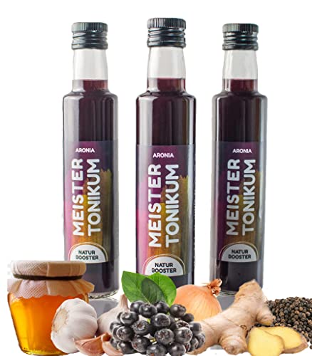 Meistertonikum Bio Essig aus Superfoods 3 x 250ml - 30% Aronia Beeren Fruchtsaft - Vitaldrink Smoothie mit Kurkuma, Zitrone, Knoblauch, Ingwer - ideales Salatdressing - Immunbooster Shot