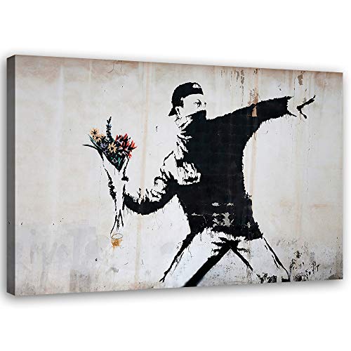 Feeby Leinwandbilder XXL Banksy - Flower Thrower - 100x70 cm - Bild auf Leinwand - Kunstdruck - Deko Wohnzimmer - Wandbilder Schlafzimmer - Deko Schwarz - Deko Aesthetic - Wand Deko