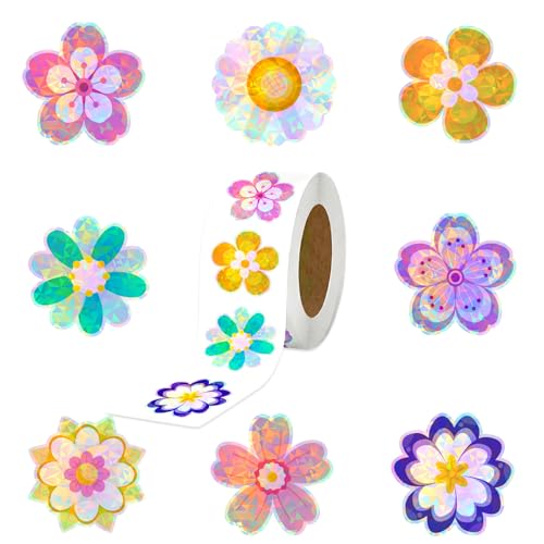 Xzentira 500Pcs Spring Flower Stickers for Kids Glitter Spring Floral Sticker Roll 1.5 Inch 8 Designs Shiny Decals for Scrapbooking Water Bottles Classroom Rewards Party Favors Envelope Seals
