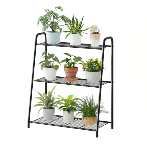 Kitsanery Metall-Pflanzenständer für drinnen und draußen, für mehrere Pflanzen, 3-stöckiges Pflanzenregal, groß, robust, Blumenhalter, Leiter für Wohnzimmer, Terrasse, Balkon (schwarz)