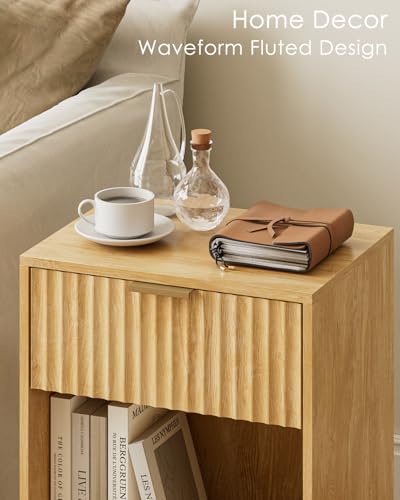 Image of Masupu Fluted Nightstand,Modern Night Stand Wood Bedside Table with Storage Drawer Side End Table for Bedroom,Office,Oak