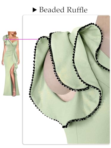 Image of VFSHOW Womens Formal Prom Elegant Ruffle One Shoulder Beaded Strap Ruched Slit Maxi Dress Wedding Evening Long Gown