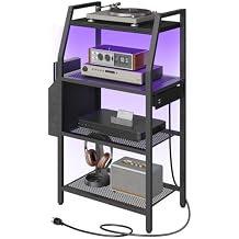 MAHANCRIS 4-Tier AV Media Stand with Power Outlet & LED Lights, Game Console Shelf with Side Storage Bag, Corner Stereo Stand Rack Audio Tower for Small Video DVD Players and Boxes, Black MSBK01E01