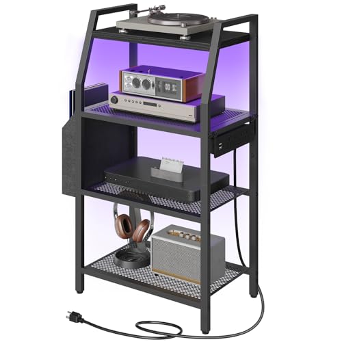 MAHANCRIS Game Console Shelf Gaming Console Stand with Outlet & LED Lights