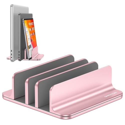 Image of OMOTON Vertical Laptop Stand [Updated 3-Solts Version], Desktop Aluminum Mac Book Stand with Adjustable Dock Size, Fits All Mac Book, Surface, Chrome Book and Gaming Laptops (Up to 17.3 in),Rosegold