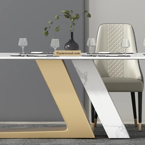 Image of PAAMWOOD Premium 8-Seater Top Dining Table - 84 inchx36 inchx30 inch | White Nano Composite Stone with Solid Wood Z-Shaped Base & Golden Acrylic Finish | Modern Luxury Dining Furniture