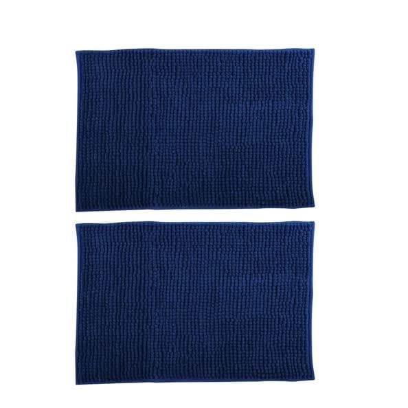 MSV - Lot de 2 Tapis de Bain Microfibre Chenille - Poils Longs Anti-dérapant - Lavable en Machine - Boucle d'Accrochage Pratique - Confort et Hygiène Optimisés - Bleu Foncé - 50x80 cm