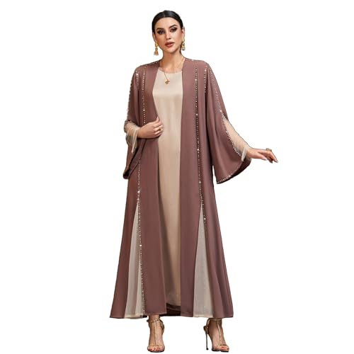 Handmade Beaded Open Front Robe Coat, Elegant Long Sleeve Outerwear Women's Modest Cover-Up, NO INNER, Mauve Brown