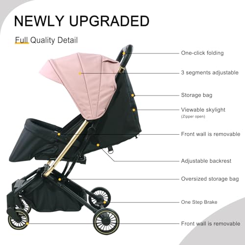 Lightweight Baby Stroller,Ultra Compact & Airplane-Friendly Travel Stroller, One-Handed Folding for Toddler, Only 13lbs,with Sleep Shade, Oversize Basket (Pink) - Image 5