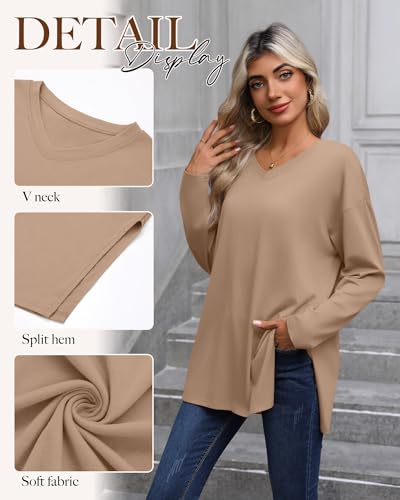 Huukeay 3 Pack Womens Oversized Long Sleeve T Shirts V Neck Knit Casual Workout Tunic Tops Side Split Loose Basic Tees4
