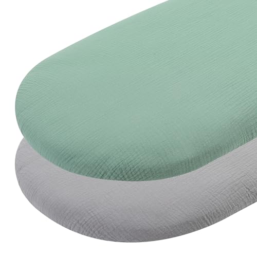 Image of Onacosht Muslin Bassinet Sheets 29"x 14" for Chicco LullaGo Anywhere, Baby Bjorn Cradle and Other Same Size Mattress Pad, Snuggly Soft 100% Cotton 2 Pack, Grey and Green