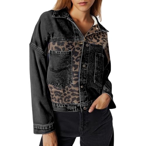 Leopard Denim Jacket for Women Cropped Jean Jacket Button Down Fall Coat - image 1