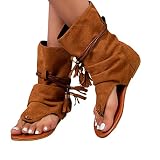 ZBYY Tassel Sandals for Women,Summer Gladiator Fringe Casual Flat Beach Shoes T-Strap Open-Toe Suede Flip Flop Sandals
