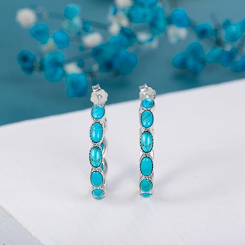 Turquoise Hoop Earrings 925 Sterling Silver Western Vintage Genuine Blue Turquoise Boho Ethnic Jewelry Gift for Women4