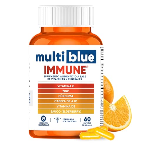 Vitamínicos, MULTIBLUE VITAMINA C | 6 en 1 Con Vitamina C, Zinc, Cúrcuma, Cabeza de Ajo, Vitamina D3 y Saúco Elderberry - (1 Frasco, 60 Cápsulas Vegetarianas, Sin Gluten,...