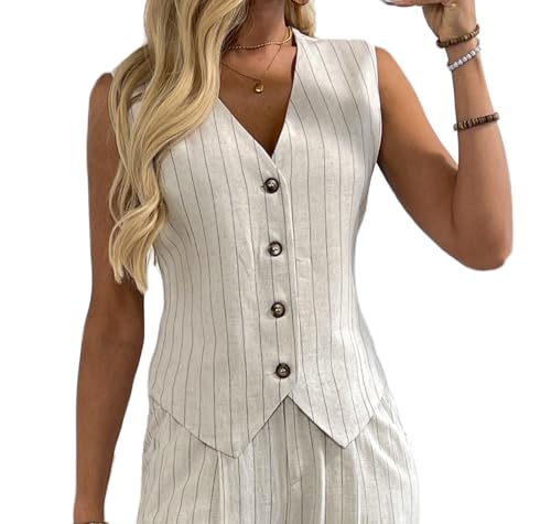 heipeiwa Women's Cotton Linen Vest Button Down Sleeveless V Neck Tank Tops Waistcoat Jacket, Stripe Linen, X-Small