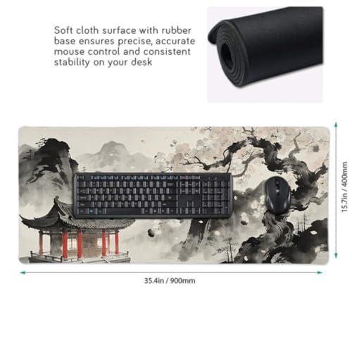 Image of Watercolor Painting Japanese Mouse Pad 35.4x15.7 XXL Red Black Grey Cherry Blossoms Extended Large Mousepad Keyboard Mouse Mat Desk Pad with Non-Slip Rubber Base Stitched Edges for Home Office Game