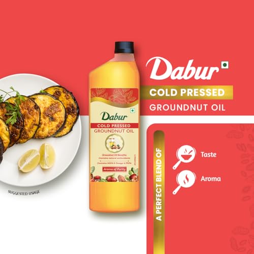 Image of Dabur Pure & Unrefined Cold Pressed Groundnut Oil | 1L (Pack of 2x1L ) | Naturally Cholesterol Free | 1L | Rich Aroma & Flavour of Authentic Groundnuts | Contains Natural Antioxidants | Finest Quality Groundnuts | Naturally Rich in Unsaturated Fats