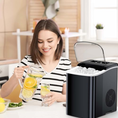 POWSAF Eiswürfelmaschine, Selbstreinigend Tisch Eiswürfelbereiter, Kleine Eismaschine mit Eisportionierer & Korb, 9 Eiswürfel in 8 min, 12 kg/24 Std, Ideal für Zuhause, Büro, Camping, Schwarz