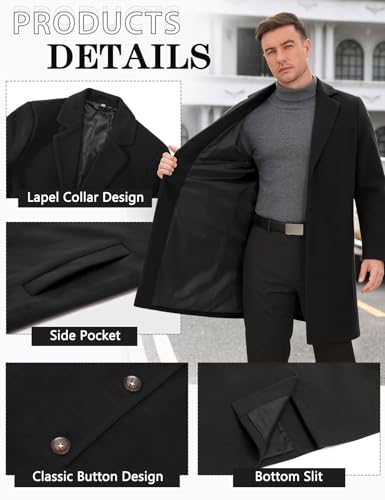 Men's Trench Coat Casual Single Breasted Long Pea Coat Notched Collar Warm Overcoat for Fall Winter with Pockets3