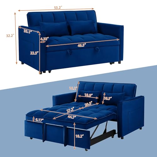 Image of Dreamzie 53 inch Sleeper Sofa, 3 in 1 Convertible Sofa Bed & Pull Out Couch, Modern Velvet Loveseat with Adjustable Backrest, Side Pocket & 2 Pillows for Apartment Living Room, Blue
