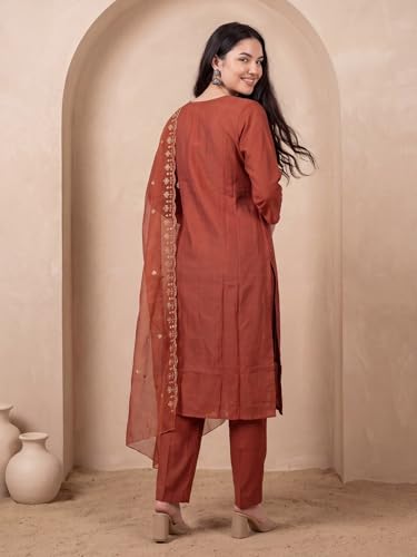 Image of INDO ERA Women's Silk Blend Paisley Embroidered Zari Work Kurta & Pant with Dupatta Set (IEBBAI389)